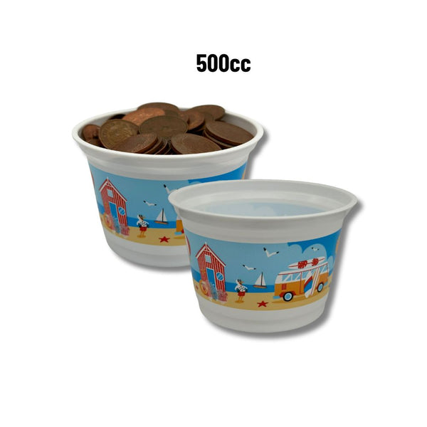 Plastic Large Coin Cups 500cc (x1000) - Seaside Theme - Recycled Materials