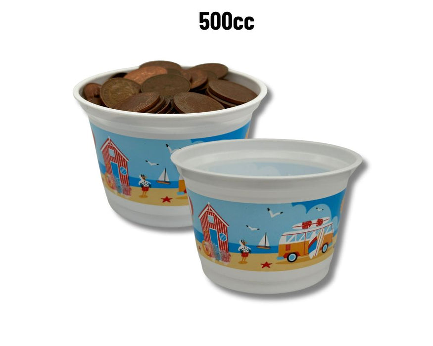 Plastic Large Coin Cups 500cc (x1000) - Seaside Theme - Recycled Materials