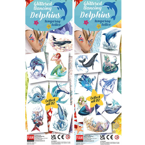 Glittered Dancing Dolphin flat-pack vending tattoos.