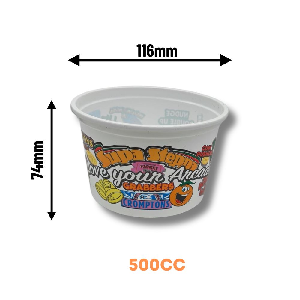 Plastic Large Coin Cups 500cc (x800) - Love Your Arcade Theme
