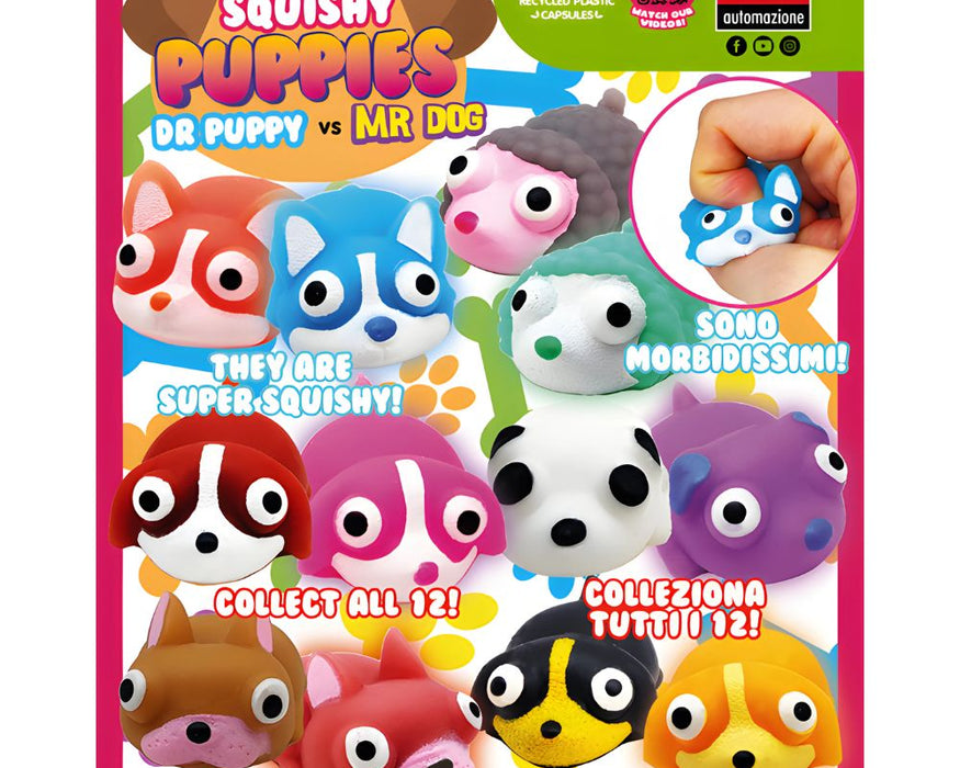 Mini Squishy Puppies contained in a 55mm vending prize capsule.