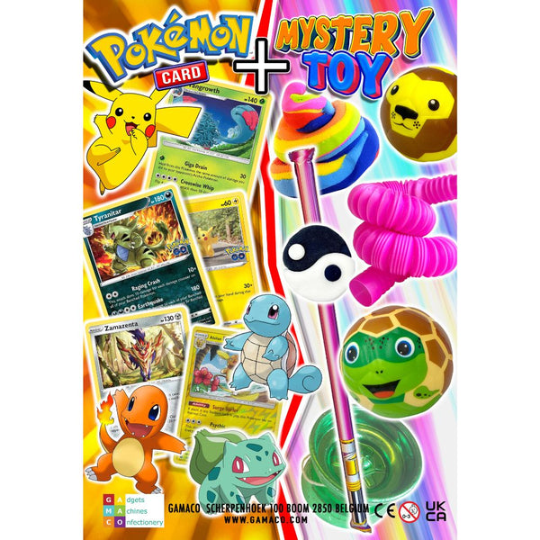 Pokemon Card + Mystery Gift contained in a 90mm prize vend capsule.