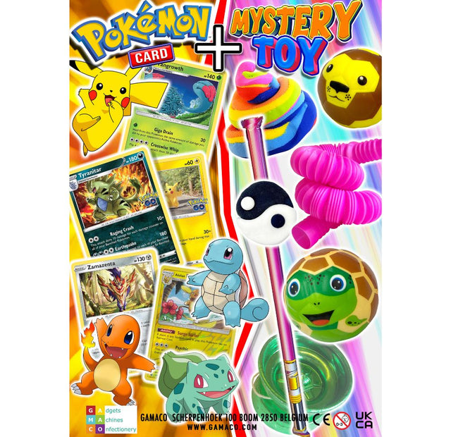Pokemon Card + Mystery Gift contained in a 90mm prize vend capsule.