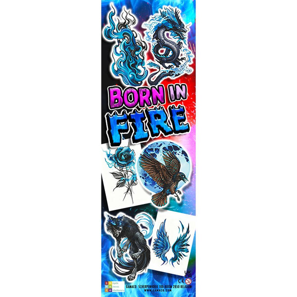 Born in Fire flat-pack vending temporary tattoos.