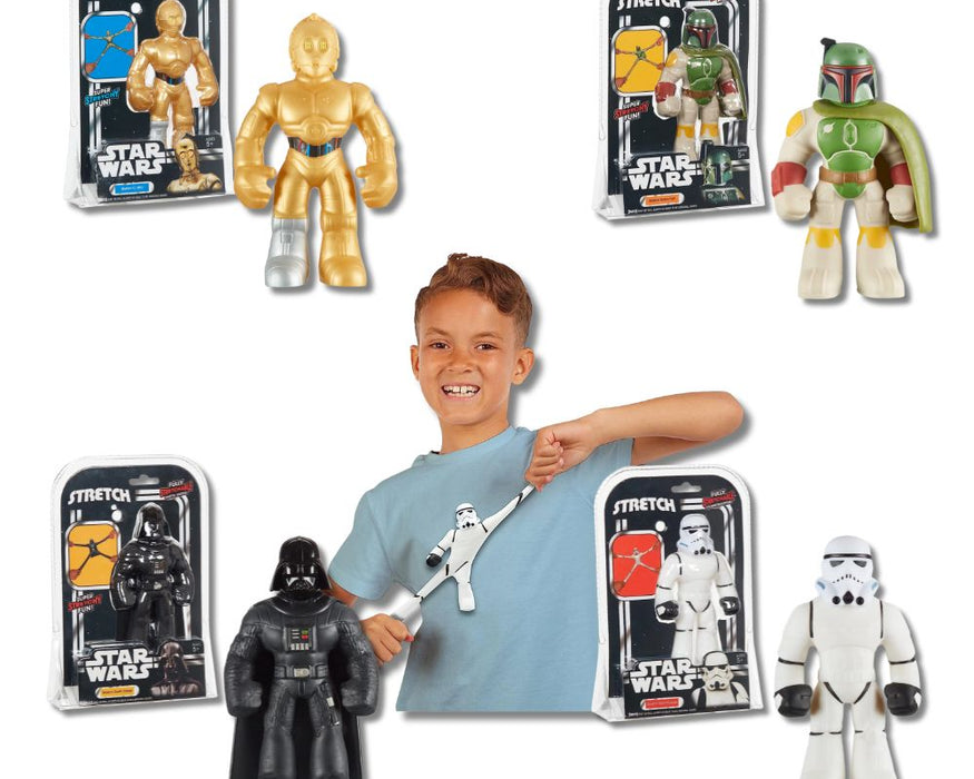6 Star Wars Stretch mini figures from Stretch Armstrong  4 characters Darth Vader, C-3PO, Boba Fett and Stormtrooper.
